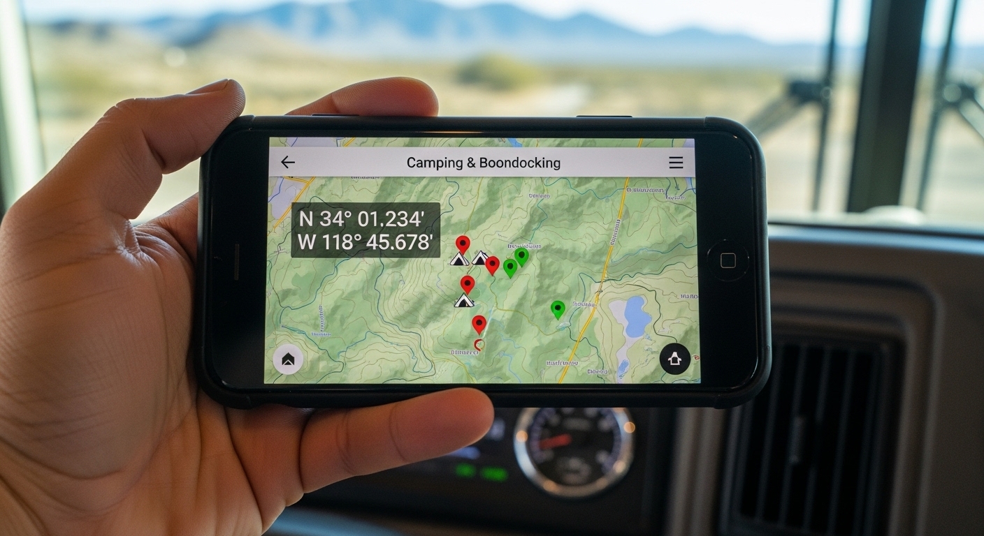 RV boondocking in remote desert location with mountains in background