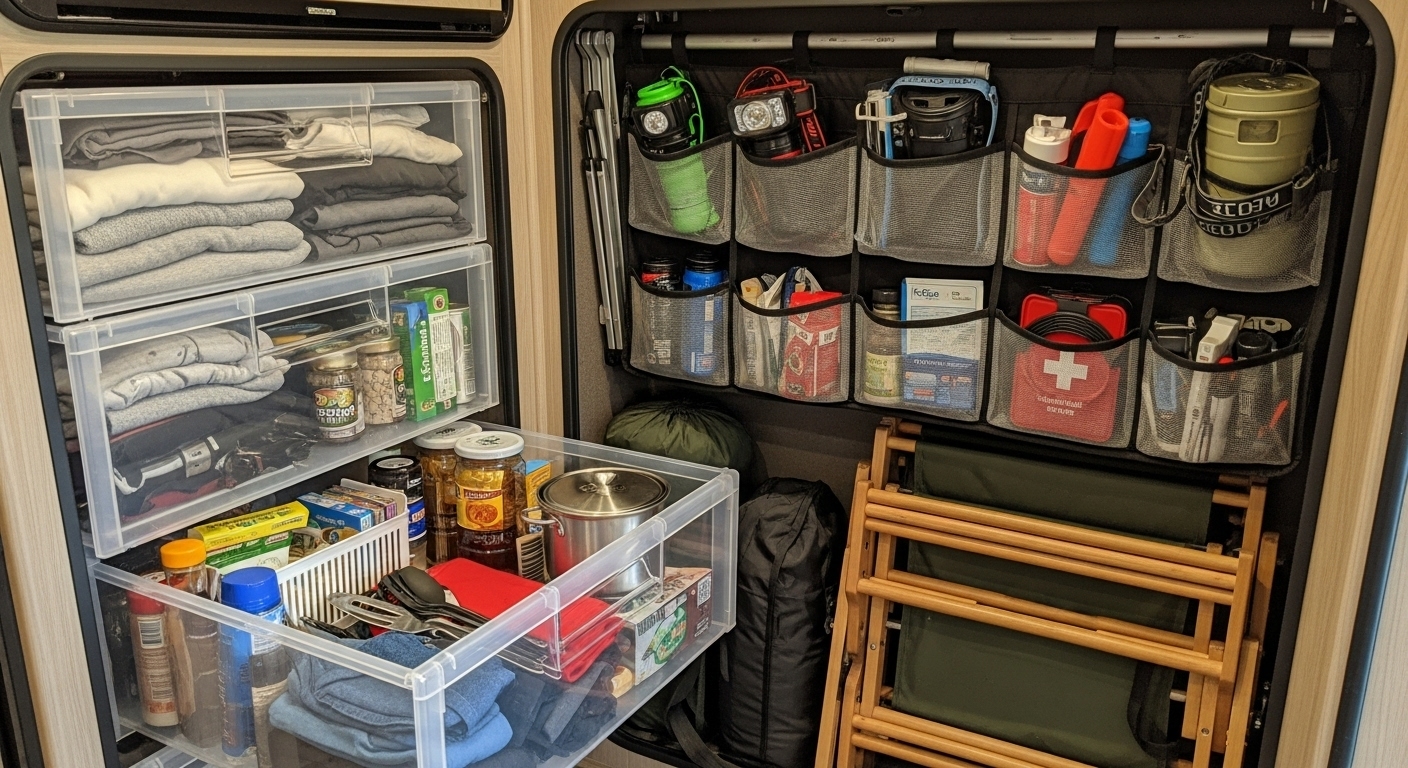 Solar panels mounted on RV roof with portable power equipment