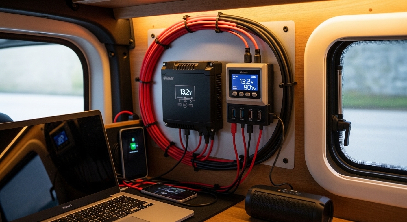 Organized van interior showing efficient storage solutions and minimalist living space