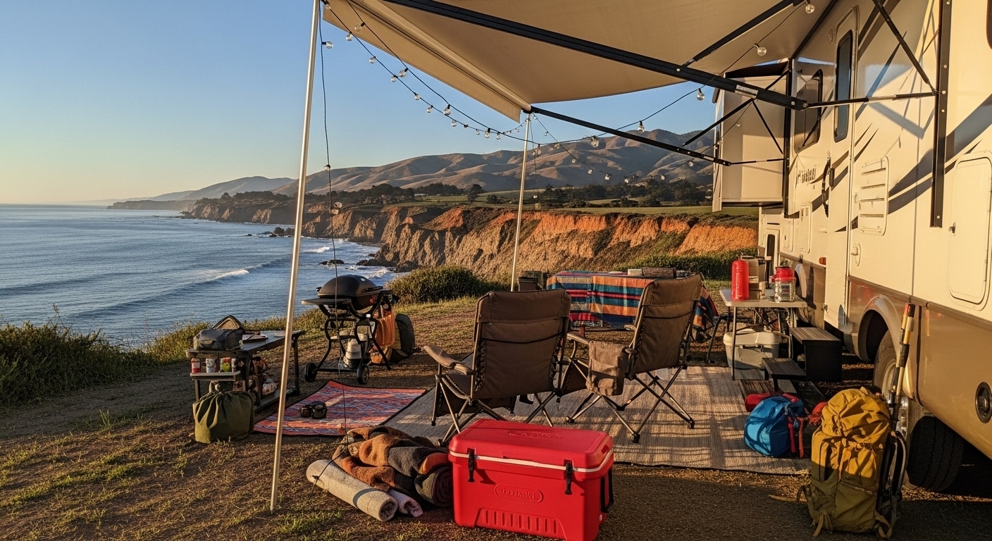 RV driving on Pacific Coast Highway with dramatic ocean cliffs and blue water