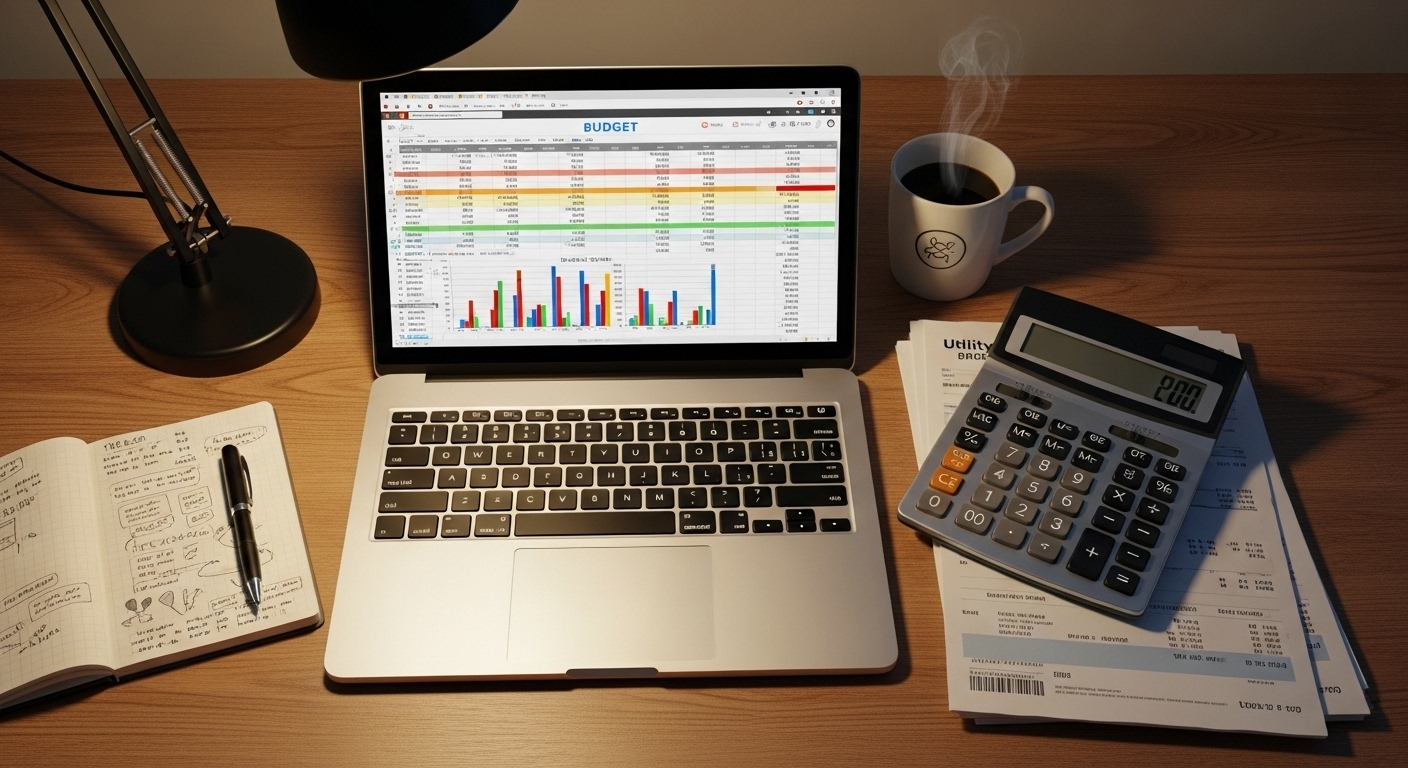 RV budget planning with calculator, spreadsheets, and financial documents