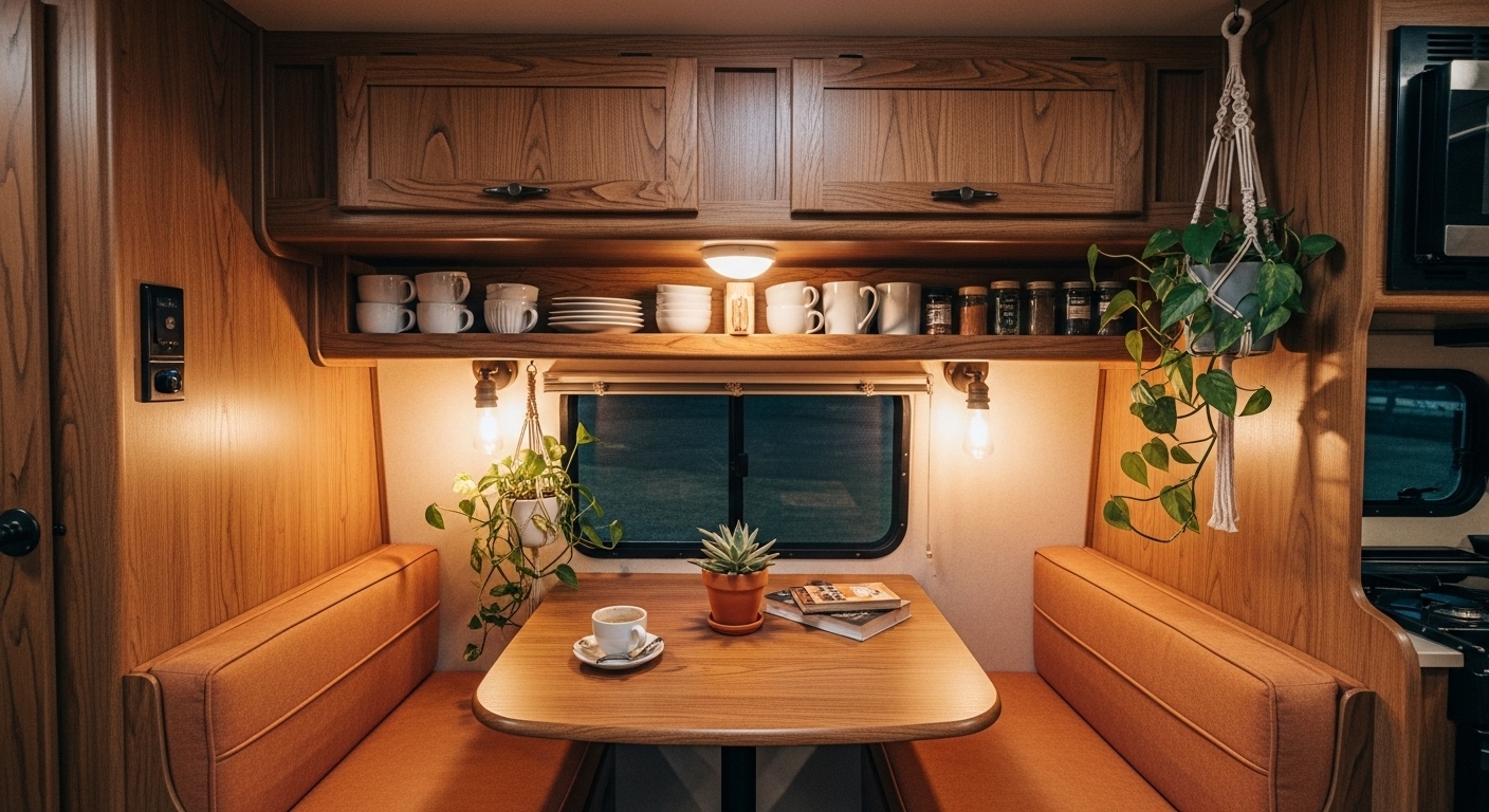 Camper moderno parcheggiato in una località montana panoramica con una coppia in piedi all'esterno