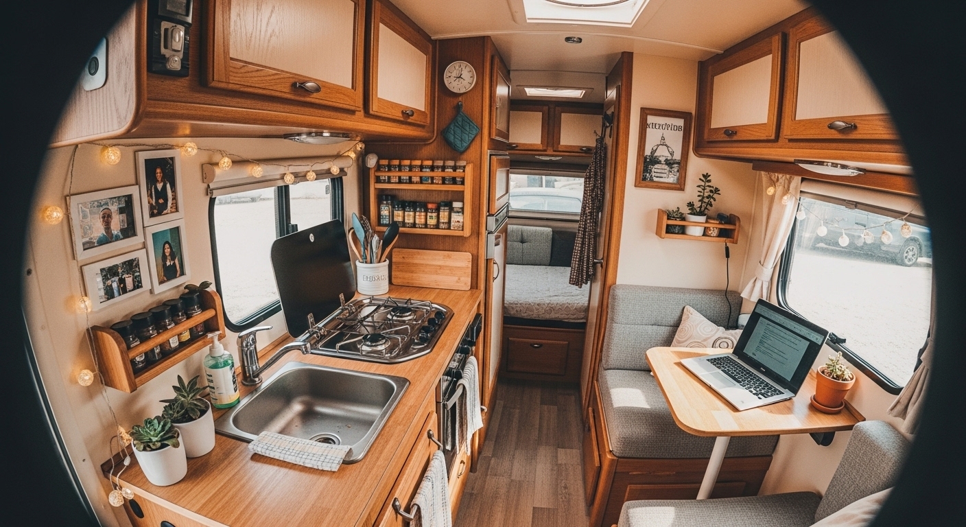 Couple standing in front of their travel trailer RV with mountain landscape