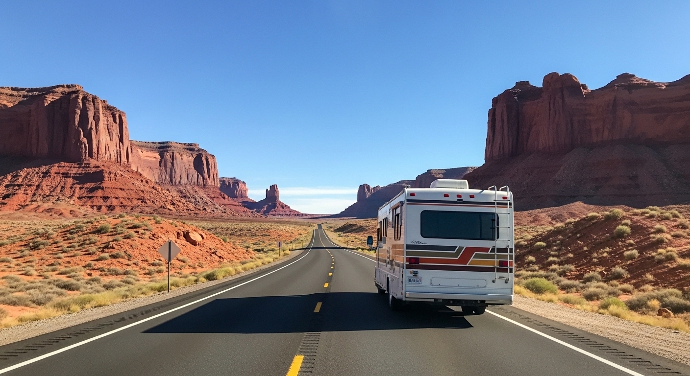 RV parked at scenic overlook on Blue Ridge Parkway with mountain views